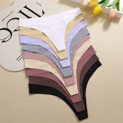 7PCS/Set Ice Silk Seamless Women G-String Panties Sexy Low-Waist Thongs T-Back Female Solid Color Soft Underwear Utral-Thin Pant