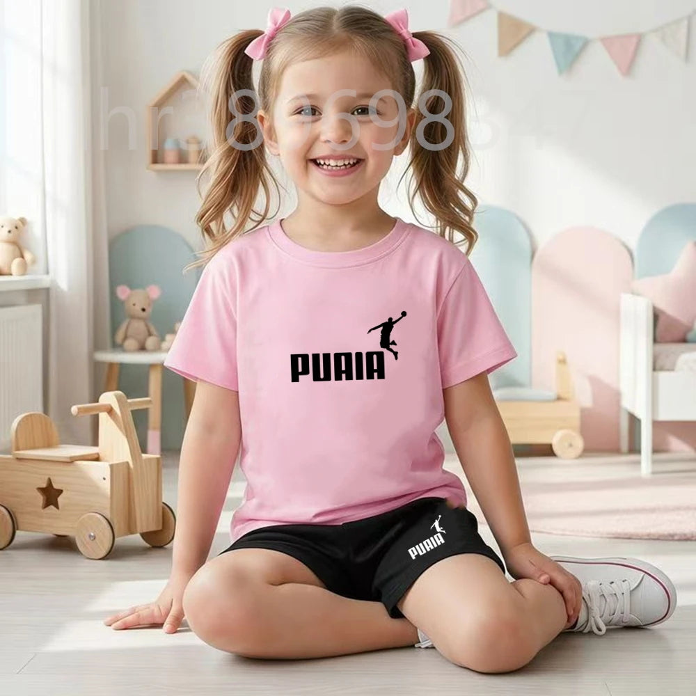 Summer Kids Print 2pcs Breathable Tees+Shorts Leisure Suits 3-12 Years Boys Girls Outfits Children Cool Black White Clothes