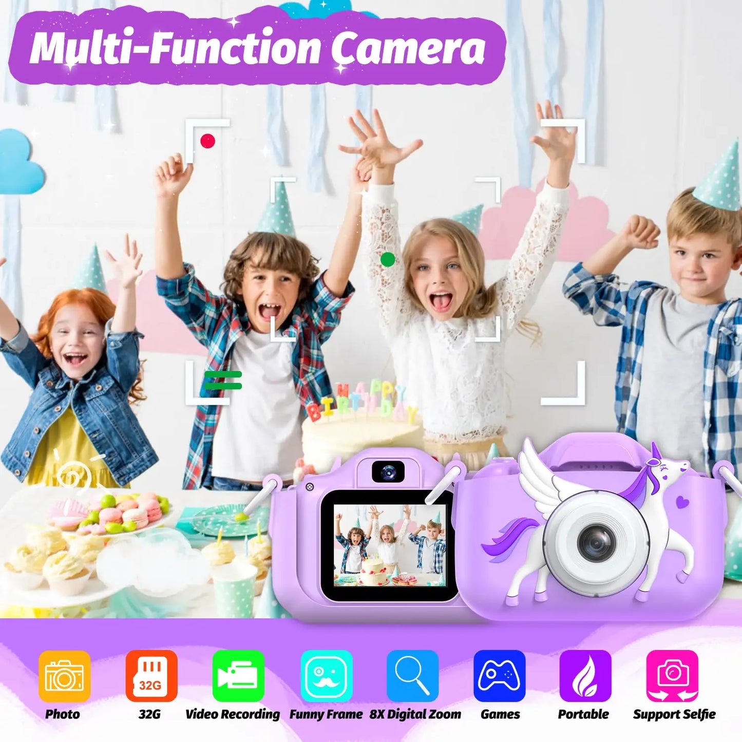 Kids Digital Camera 1080P HD 2.01" Unicorn Toy Camera Silicone Case Games USB Mini Video Recorder Gift for Girls 3-12 Age