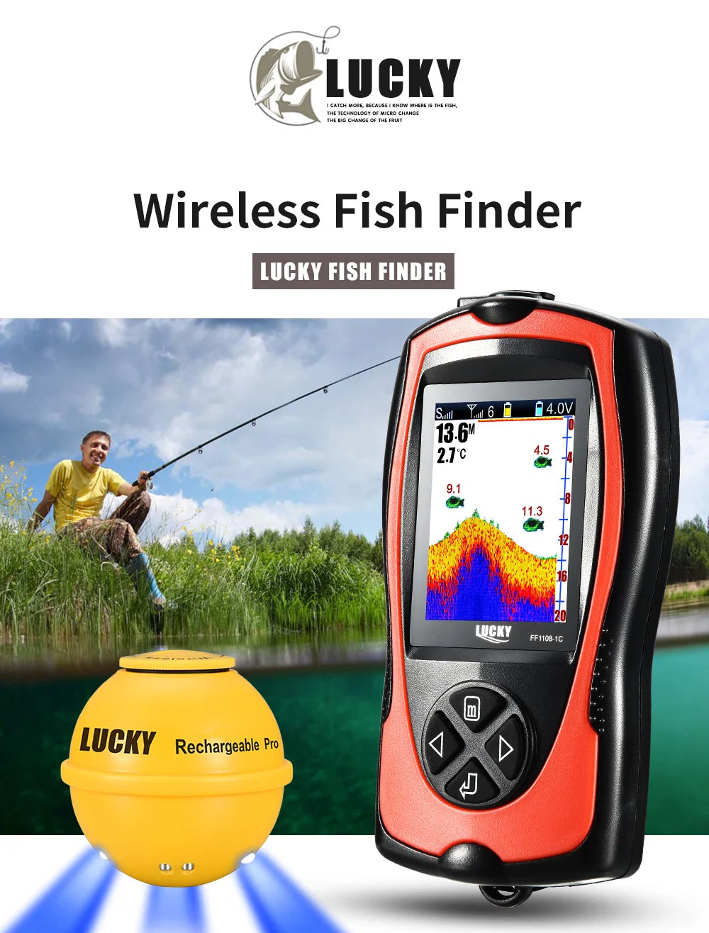 LUCKY FF1108-1CWLA Sonar Fish Finder Portable Wireless Rechargeable Echo Sounder 45M Water Depth Sensor for Fishing