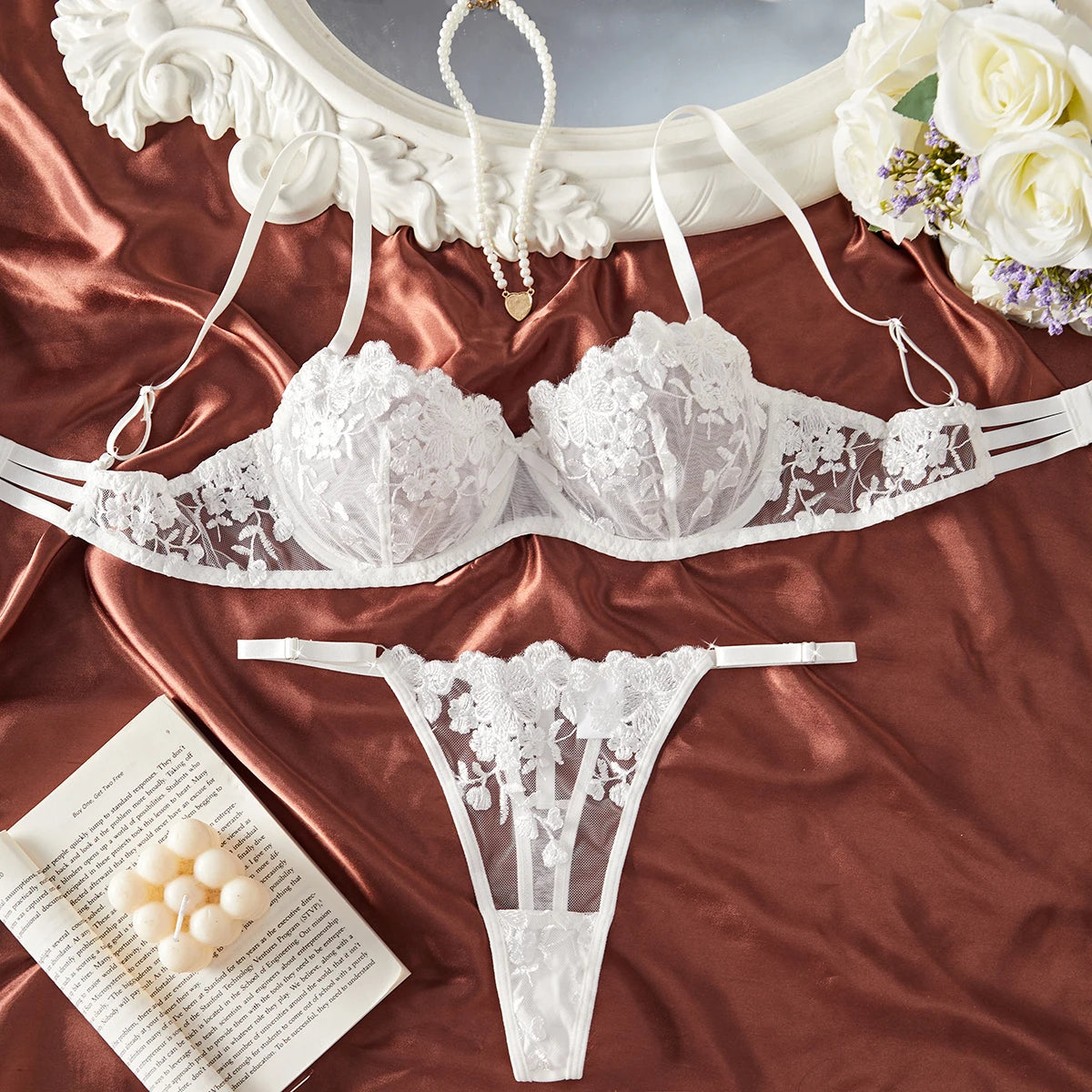 French White  Embroidered Lace Underwear Set Elegant Feminine Design Bra And Panties Combo for Women