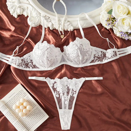 French White  Embroidered Lace Underwear Set Elegant Feminine Design Bra And Panties Combo for Women