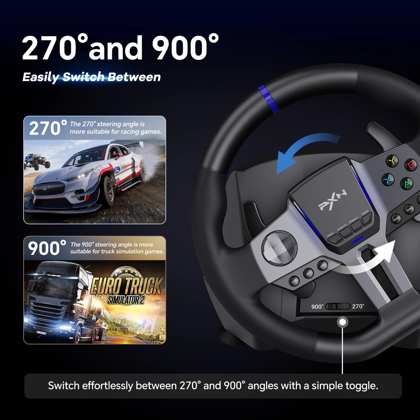 PXN V9 GEN2 Racing Wheel for PC/Xbox/PS4, 270°/900°, Hall 3-Pedal Set, H-Shifter, Dual Paddles, RGB, App