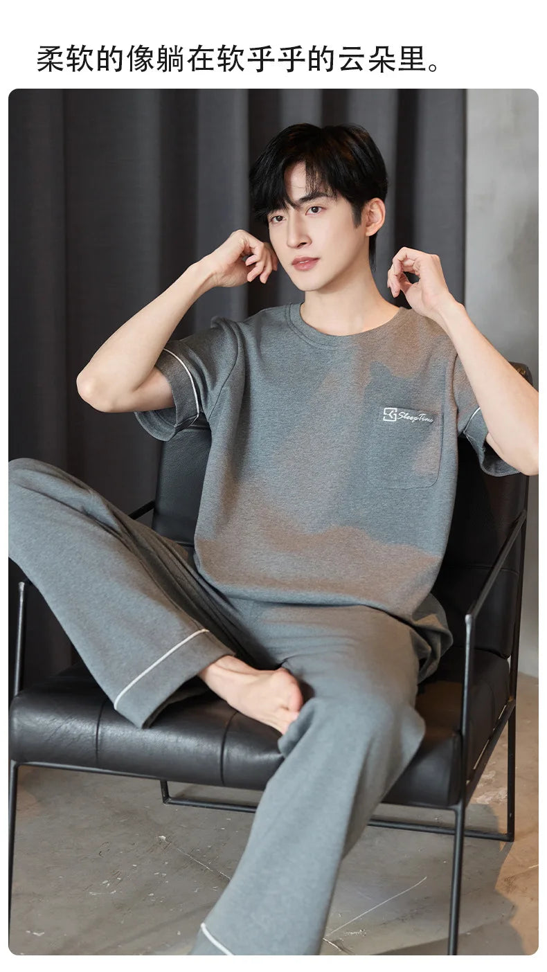 Short Sleeves & Shorts & Long Pant 3Pcs/set Cotton Nightwear for Men Summer Breathable Casual Sleepwear Male Loungewear Hombre