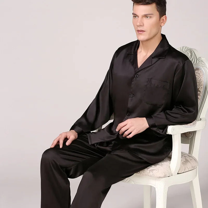 Herr Silk Satin Pyjamas 2-delad – Långärmad Topp & Byxor Tryckt Mönster, Svart/Röd/Marinblå