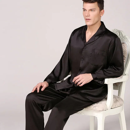 Herr Silk Satin Pyjamas 2-delad – Långärmad Topp & Byxor Tryckt Mönster, Svart/Röd/Marinblå