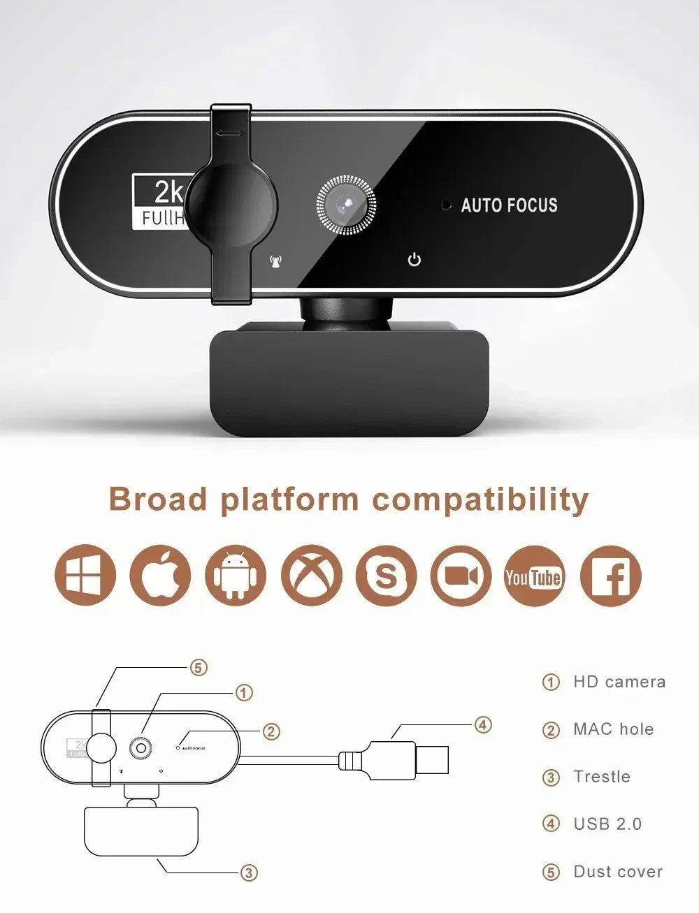 2K-webbkamera med autofokus och mikrofon – USB och stativ