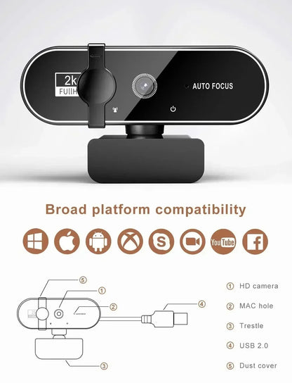 2K-webbkamera med autofokus och mikrofon – USB och stativ