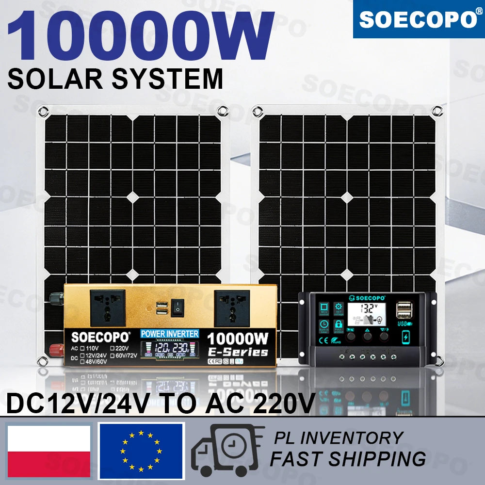 SOECOPO Solsystem-kit – 2×Flexibel Solpanel + 1100W Inverter (E-Series) + LCD-regulator 12V/24V, 220V, EU-lager (Polen)