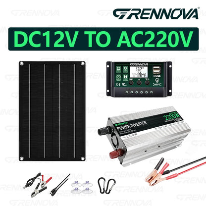 Grennova Plug-and-Play Solcellskit 1100W – 2200W Peak + 50W Panel + 60A MPPT, 110V/220V Belysning TV Fläkt Camping