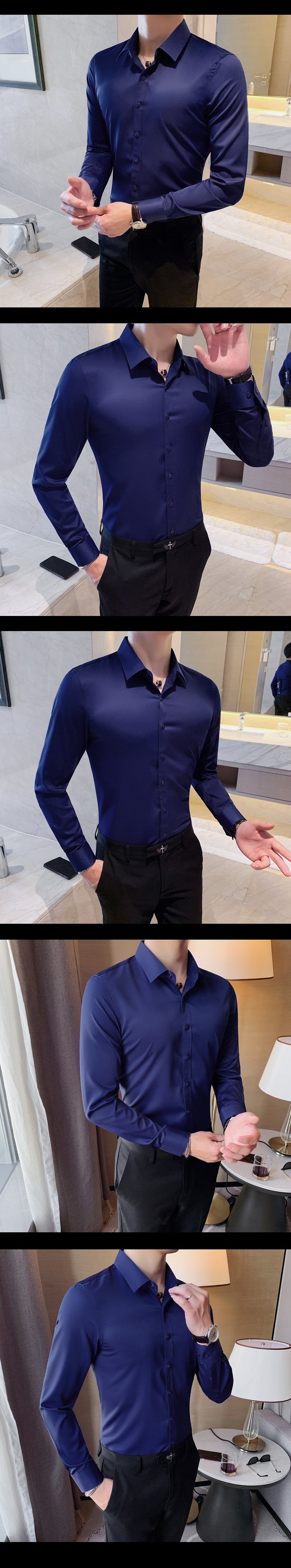 Boutique Fashion Solid Color Formal Wedding Dress Men's Long-sleeved Shirts Club Banquet Party Social Male Shirt