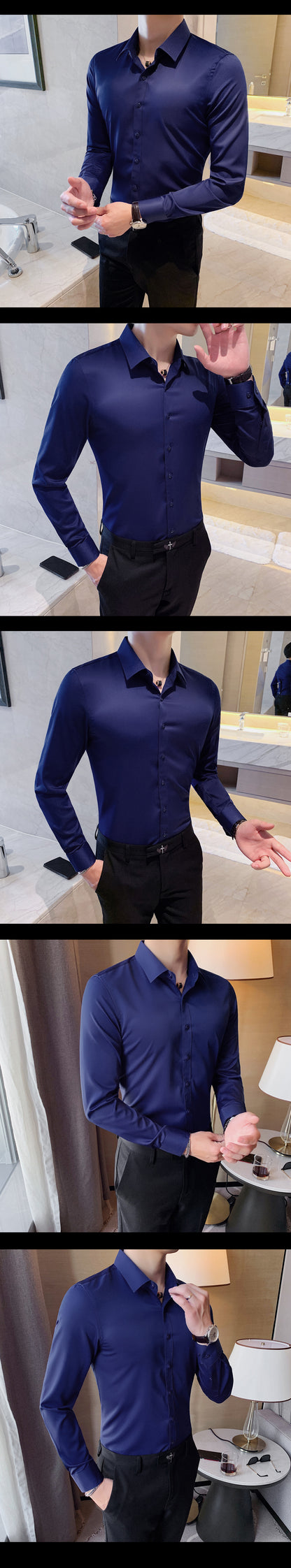 Boutique Fashion Solid Color Formal Wedding Dress Men's Long-sleeved Shirts Club Banquet Party Social Male Shirt