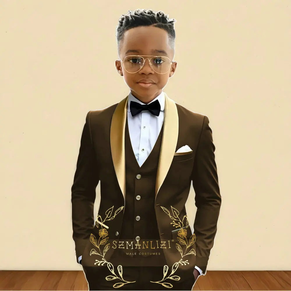 Oil Green Boys Suit 3 Pieces Wedding Tuxedo for Kids Jacket Pants Vest Gold Shawl Lapel Child 2-16 Years Old Customized Outfit