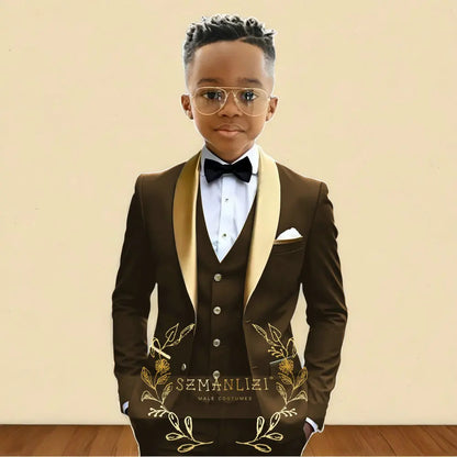 Oil Green Boys Suit 3 Pieces Wedding Tuxedo for Kids Jacket Pants Vest Gold Shawl Lapel Child 2-16 Years Old Customized Outfit