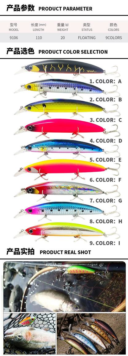 Floating Minnow Fishing Lures 110MM 20g Sea Ocean Beach Fishing Artificial Hard Bait Fishing Tackle for Bass Pike Perch Pesca