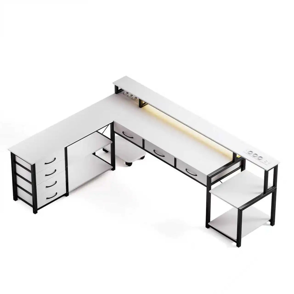 L-Shaped Desk with Led Lighting, Built-In Power Outlet-Usb Port, Monitor Shelf, Many Drawers, Black-White Selectable, Reversible Gaming Home Desk