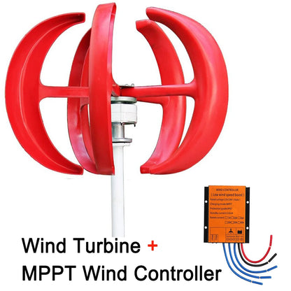 Vertikal Vindturbin 500W Lykta-design 12V/24V – Låg Startvindshastighet MPPT eller Hybrid Sol+Vind Regulator, Röd/Vit