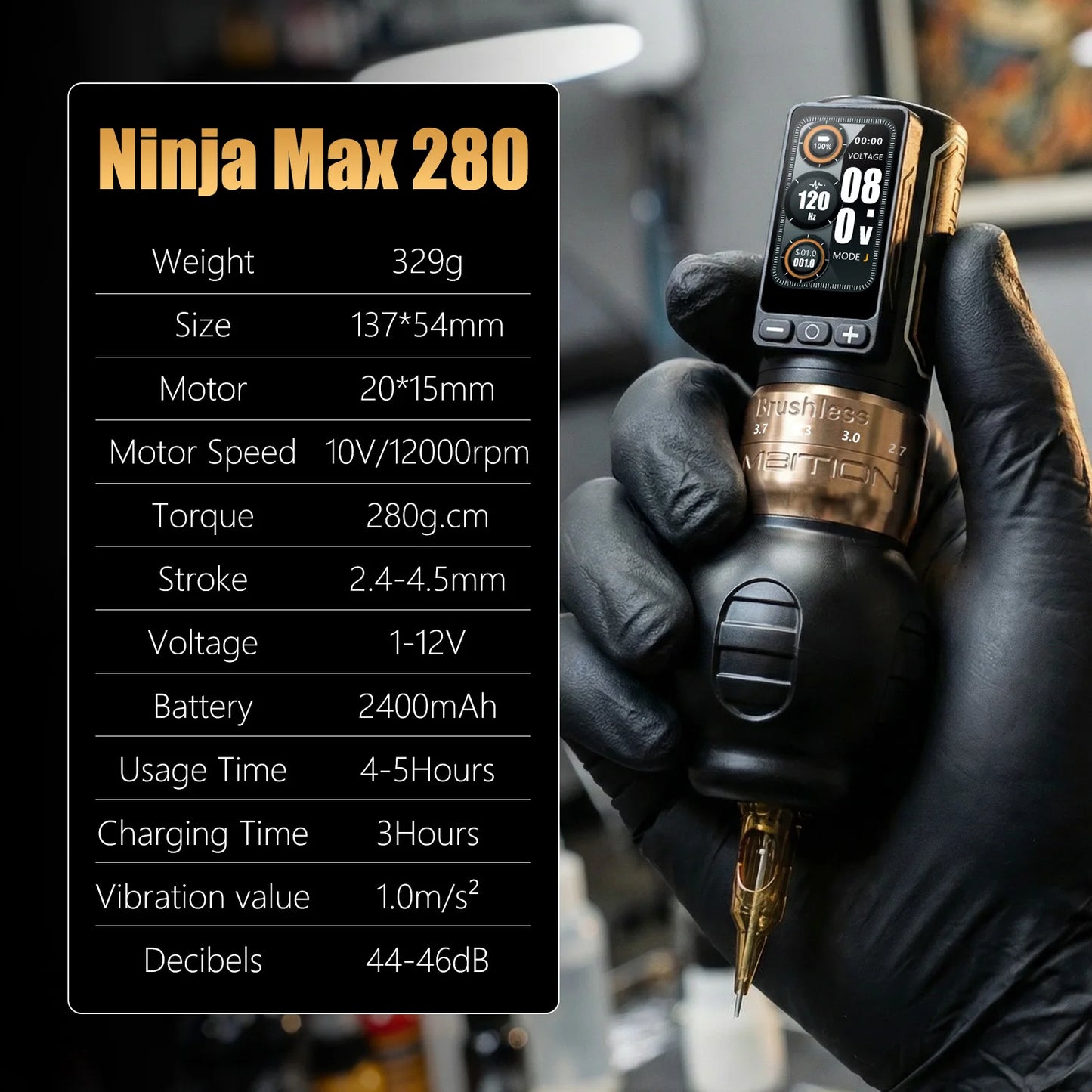 Ambition Ninja Max 280 Wireless Tattoo Machine Pen Full Kit Adjustable Stroke Brushless Motor 20pcs Mixed Needle 10 Inks Set