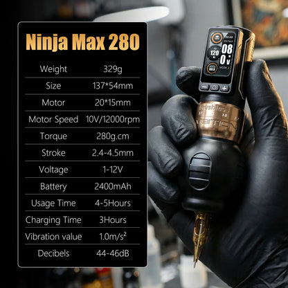 Ambition Ninja Max 280 Wireless Tattoo Machine Pen Full Kit Adjustable Stroke Brushless Motor 20pcs Mixed Needle 10 Inks Set