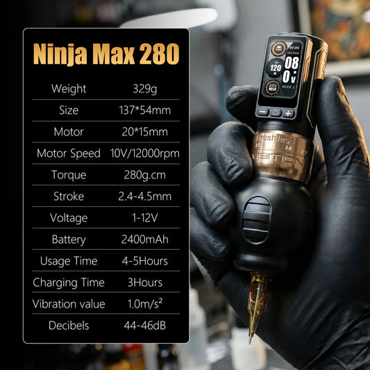 Ambition Ninja Max 280 Trådlös Tatueringspenna – Borstlös Motor, Justerbart Slag 2,4–4,5mm, 2400mAh 2026