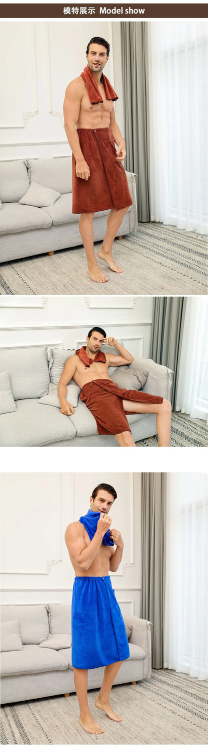 Men's Bath Robe Thickened Ultra-fine Fiber Absorbent One-piece Hotel Towel with Buckle Beach Skirt for Adults in Various Colors