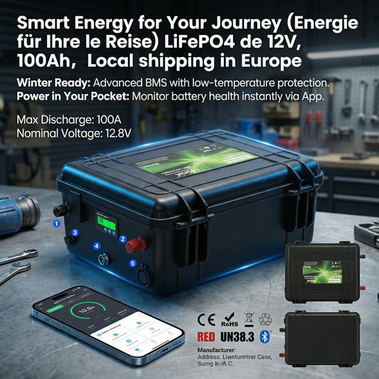 LiFePO4 Batteri 12V 100Ah/200Ah – Bluetooth, 4S 100A BMS, IP56, USB/PD, Anderson-port, >6000 Cykler, Båt/Husbil/Off-Grid, EU-lager (Frankrike)