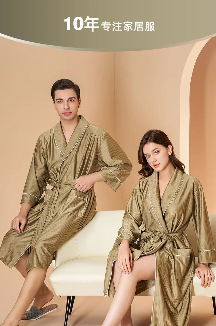 New Stripe Couple Bathrobe Cool Thin Spring Autumn Mid-Length Water Absorbent Loungewear Robe Men Women Luxury Home Nightgown