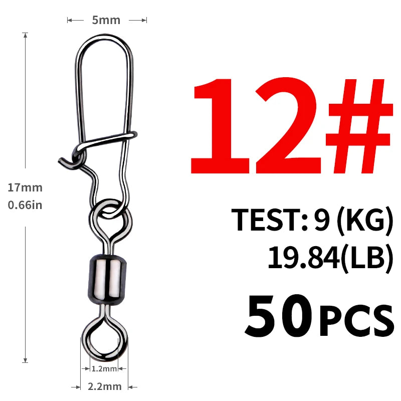 MEREDITH 50PCS Pike Fishing Accessories Connector Pin Bearing Rolling Swivel Stainless Steel Snap Fishhook Lure Swivels Tackle