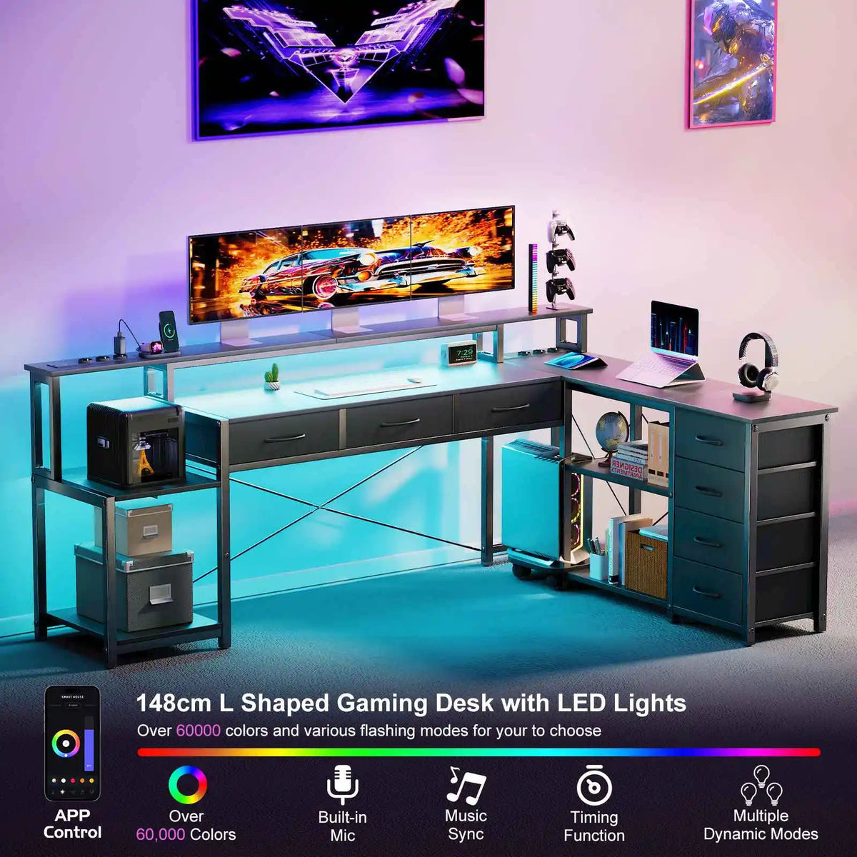 Desk, square table with drawers, sockets and USB ports, monitor stand and LED lighting included, black.