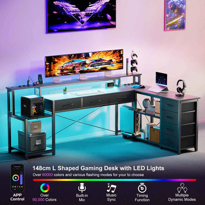 Desk, square table with drawers, sockets and USB ports, monitor stand and LED lighting included, black.