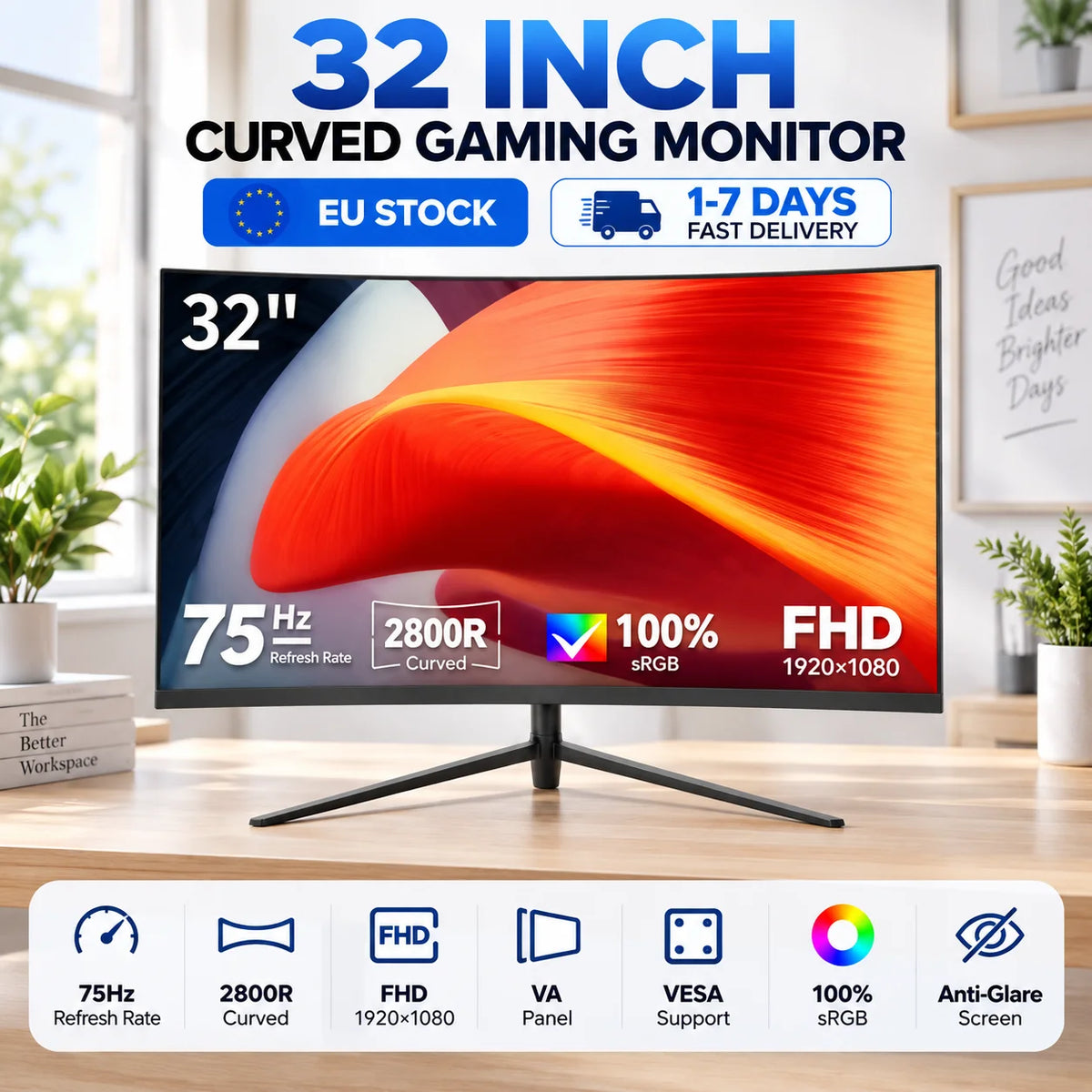 Crua Gf320A 32-Inch Fhd Curved Gaming Monitor, 1920×1080 Va Panel, 75Hz Refresh Rate, 2800R Curved Screen, Anti-Glare Technology, Frameless Design, Vesa Mounting Support, Immersive Pc Display for Gaming, Sports, Home, and Of