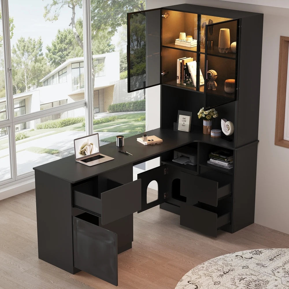 Corner Desk with Shelf and LED Display Cabinet, Desk with Cable Outlet, 3 Drawers, 2 Doors, Open Compartments, Built-in Bookcase