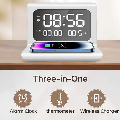 Trådlös Laddare 15W med Väckarklocka & Termometer – Qi USB-C iPhone 17–11 Samsung Xiaomi, 3 Alarm Celsius/Fahrenheit CE RoHS