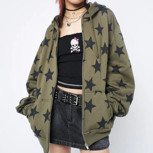 Dam Y2K Vintage Stjärntryck Zip-Up Hoodie 2026 – Harajuku Goth Oversized Sweatshirt Höst/Vinter | S–XL