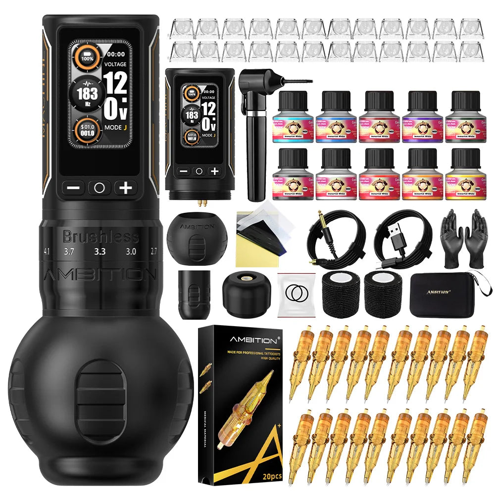 Ambition Ninja Max 280 Wireless Tattoo Machine Pen Full Kit Adjustable Stroke Brushless Motor 20pcs Mixed Needle 10 Inks Set