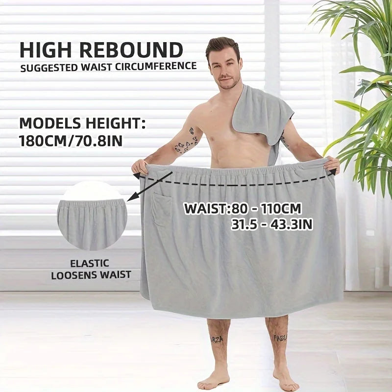 2 Counts Microfiber Men's Bath Wrap Set - Quick-Dry Towel & Spa Half Robe for Home, Hotel, Beach & Swimming - Soft