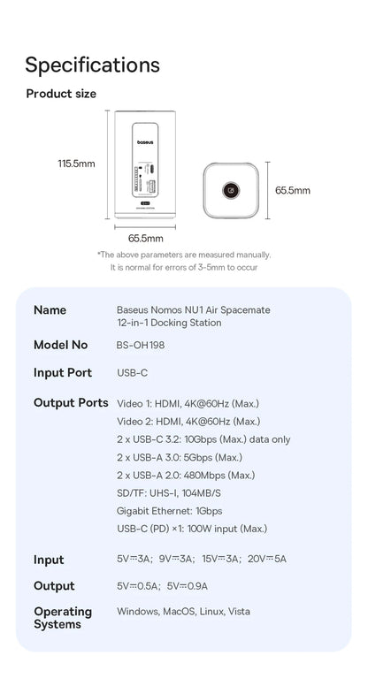 Baseus 11/12-i-1 USB-C-docka med flera skärmutgångar och PD