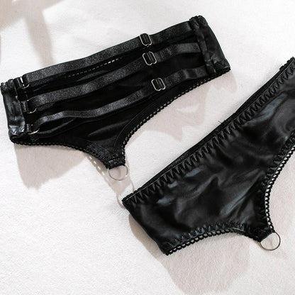 Sexigt Läder Lingerieset Tredelat – Hollow Out, Justerbara Band, BH & Trosa, S–L