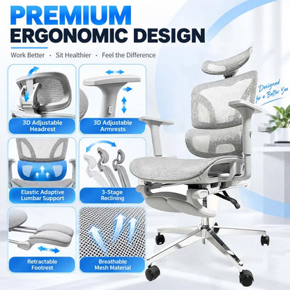 Ergonomic Office Chair with Footrest, 3D Adjustable Headrest & Armrests, Elastic Lumbar Support, Breathable Mesh High Back, 90°-135° Reclining Swivel Chair for Home Office