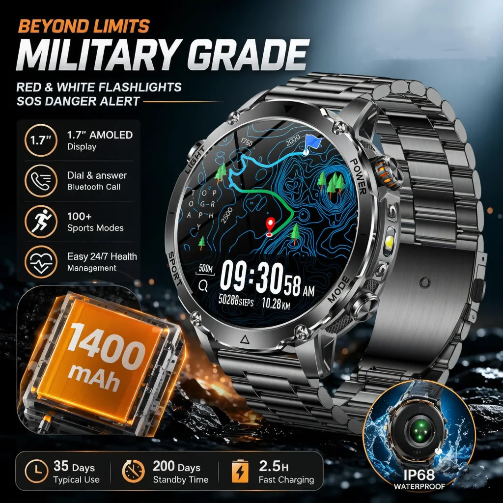 2026 1400mAh Big Battery Smart Watch Men Outdoor GPS Flashlight IP68 Waterproof Bluetooth Call AMOLED Military Sports Smartwatch