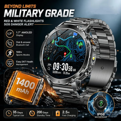 2026 1400mAh Big Battery Smart Watch Men Outdoor GPS Flashlight IP68 Waterproof Bluetooth Call AMOLED Military Sports Smartwatch