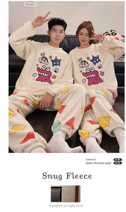 Kawaii Crayon Shin-Chan Couple Pajamas Set New Men's/women's Fashion Casual Pajama Plush Coral Fleece Winter Cartoon Homeclothes