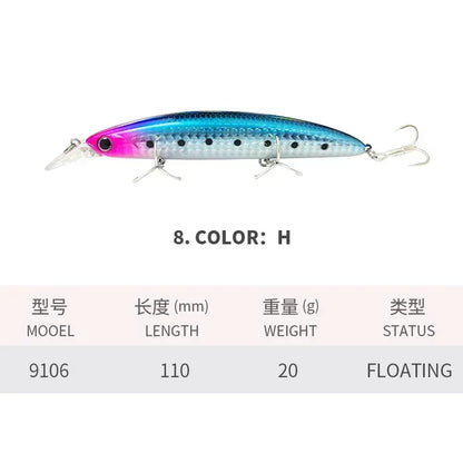 Floating Minnow Fishing Lures 110MM 20g Sea Ocean Beach Fishing Artificial Hard Bait Fishing Tackle for Bass Pike Perch Pesca