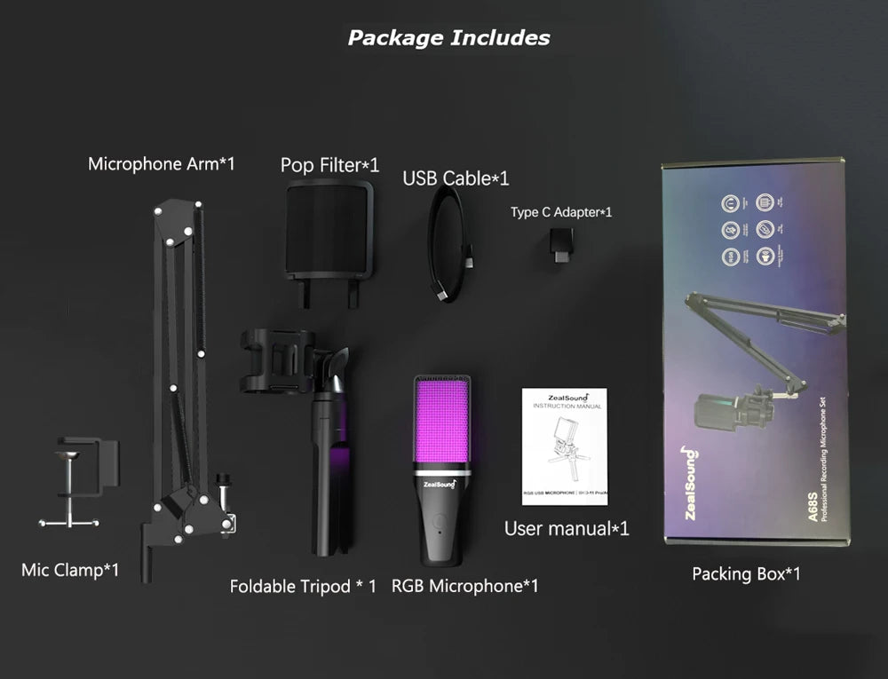 ZealSound A68S RGB USB-streamingmikrofon med boom arm och tripod