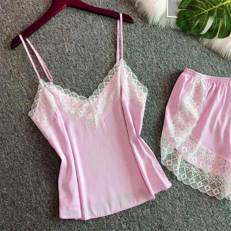HELTFARM pyjamasset dam med spets – ärmlös V-ringad topp och shorts, S–XL