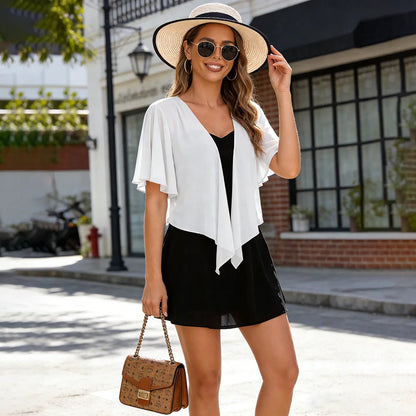 Dam Kort Chiffon Shrug – Genomskinlig Öppen Ärmlös Spetsdetalj Strand & Vardag Sommar, Ivory S–XXL