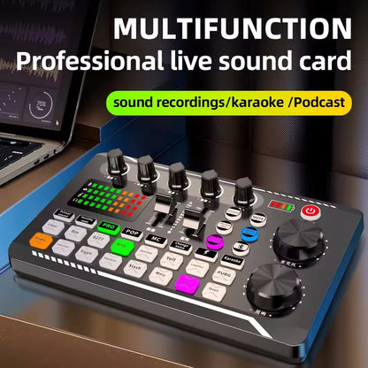 F988 ljudmixerkort för livestreaming med Bluetooth och ljudeffekter