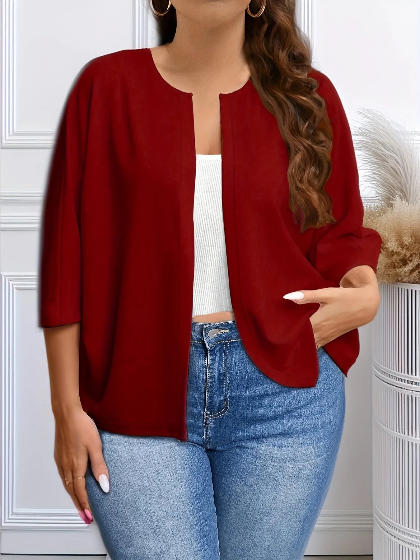 Dam Plus Size Öppen Kofta – Lättviktig 3/4-ärm Casual Lös Stickad Året Runt, 4 Färger 1XL–5XL