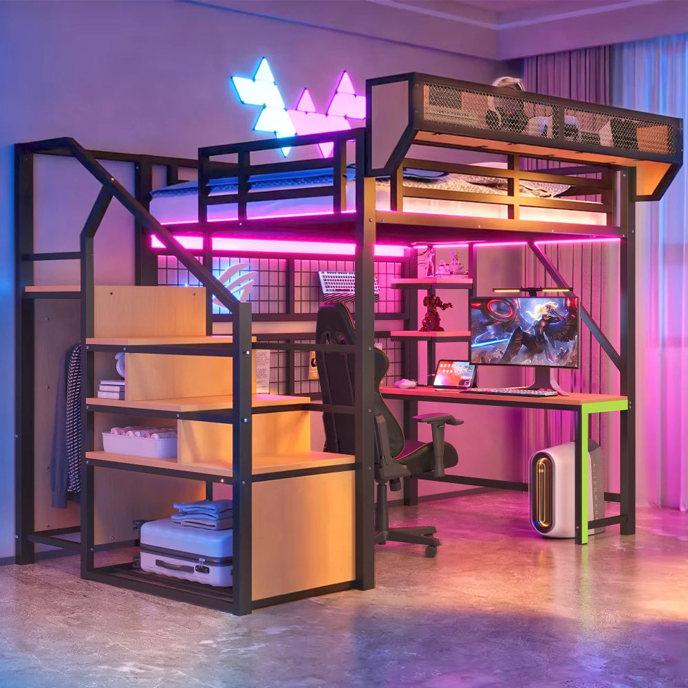 90×200cm & 140*200cm Metal High Bed, with Desk, Shelf and Storage Net, Complete with Safety Ladder, LED Lighting and Socket
