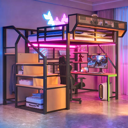 90×200cm & 140*200cm Metal High Bed, with Desk, Shelf and Storage Net, Complete with Safety Ladder, LED Lighting and Socket